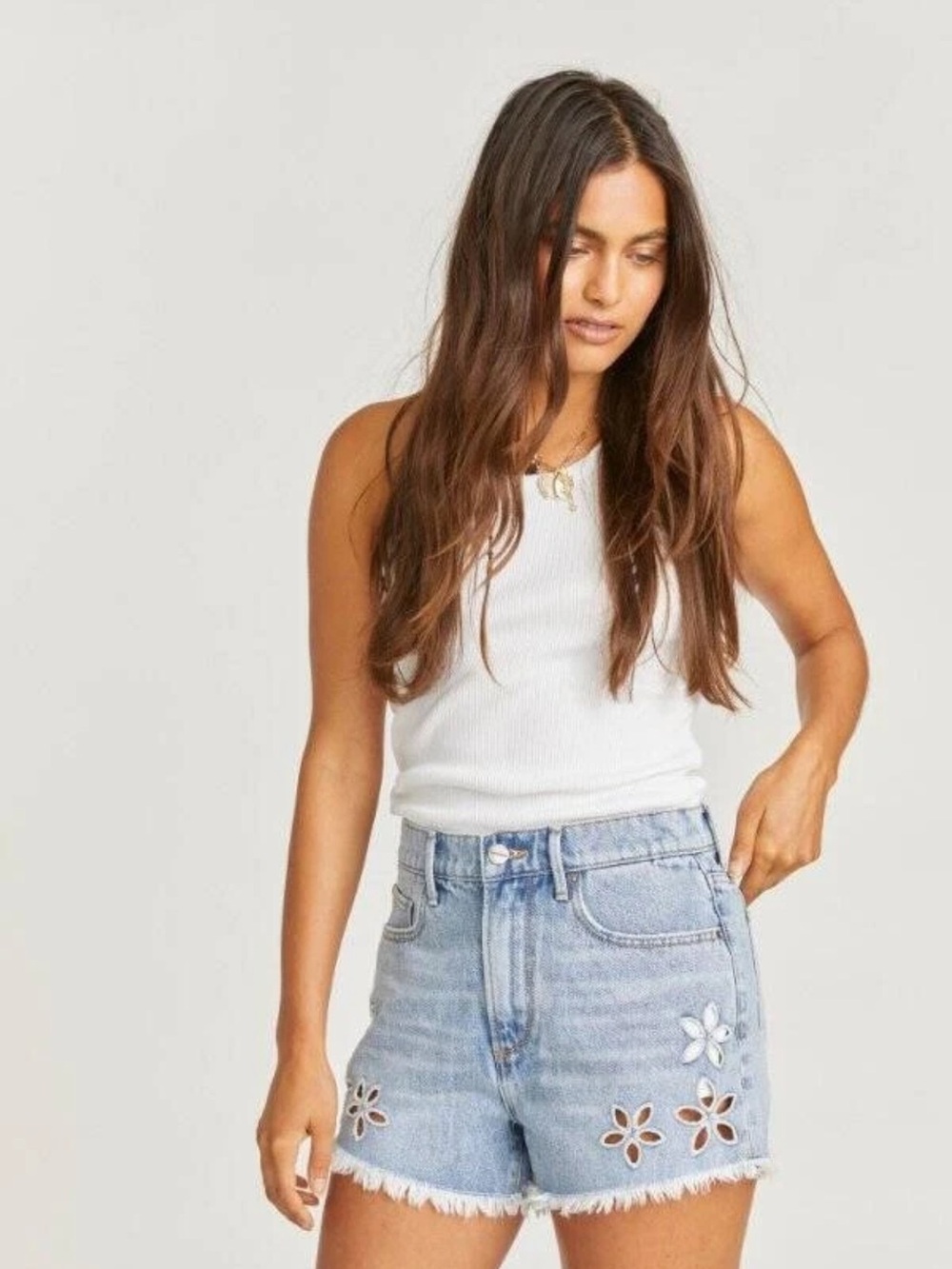 DRIFTWOOD Light Blue Eyelet Cutout Denim Shorts NWT SIZE 26 - Picture 2 of 5